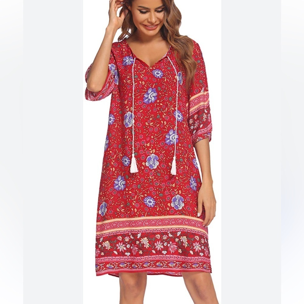 Red Floral Boho Shift Dress with Tassels, Medium